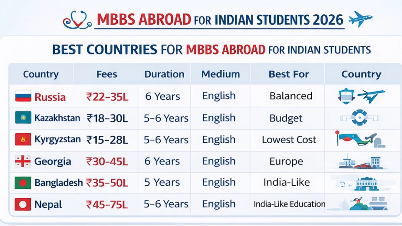 MBBS abroad country comparison for Indian students showing fees structure, duration and eligibility in Russia, Nepal, Kyrgyzstan, Georgia, Kazakhstan and Bangladesh